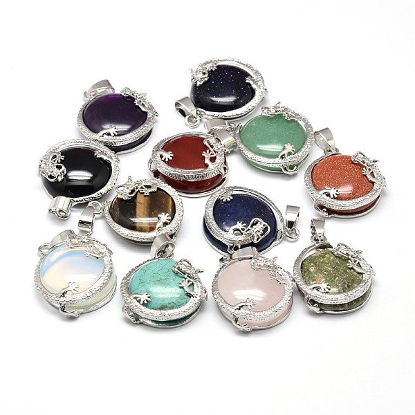 

PandaHall Flat Round with Dragon Platinum Plated Brass Natural & Synthetic Mixed Stone Pendants, Cadmium Free & Lead Free, Mixed Color...