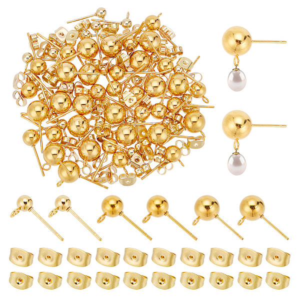

PandaHall 60pcs 3 Size 304 Stainless Steel Stud Earring Findings, Ball Stud Earring Post with Horizontal Loops & Ear Nuts, Real 24K Gold...