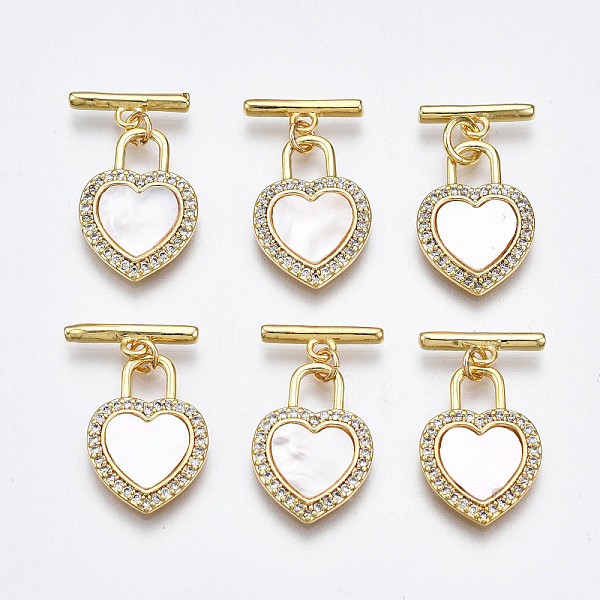 PandaHall Brass Micro Pave Clear Cubic Zirconia Toggle Clasps, with Freshwater Shell, Nickel Free, Heart, Real 18K Gold Plated, 22mm long