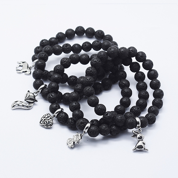 

PandaHall Natural Lava Rock Stretch Charm Bracelets, with Stainless Steel Pendant, Mixed Shapes, Antique Silver, 2 inch(50mm) Lava Rock