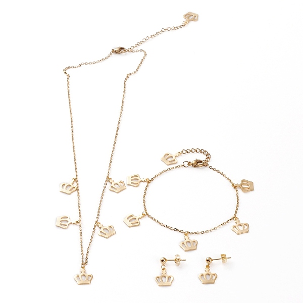 

PandaHall 304 Stainless Steel Jewelry Sets, Cable Chains Pendant Necklaces & Stud Earrings & Bracelets, with Lobster Claw Clasps, Crown...