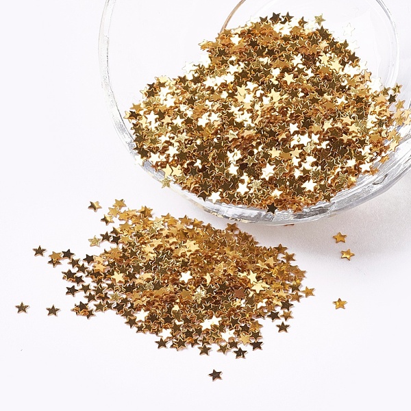 

PandaHall Ornament Accessories Plastic Paillette/Sequins Beads, Star, Gold, 2.5x2.5x0.1mm, about 450000pcs/pound Plastic Star Gold