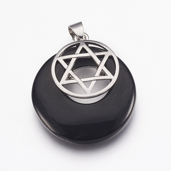 

PandaHall Synthetic Black Stone Pendants, for Jewish, with Platinum Tone Brass Findings, Flat Round with Star of David, 32x28x7mm, Hole...