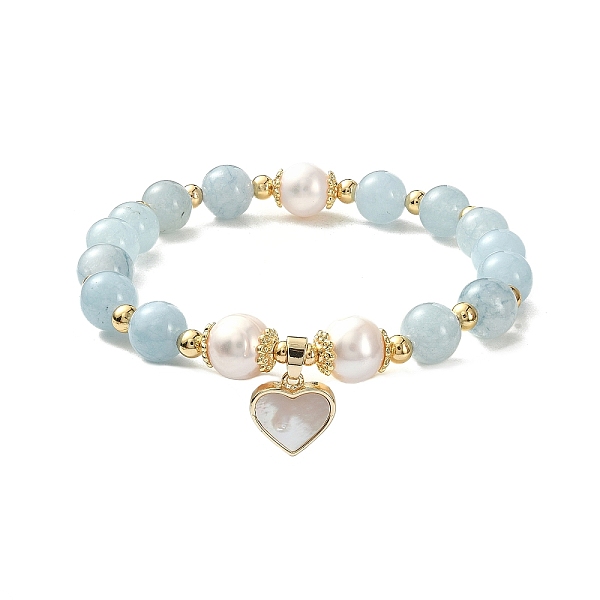 

PandaHall Natural Aquamarine & Pearl Beaded Stretch Bracelet, Natural Shell Heart Charms Adjustable Bracelet for Women, Inner Diameter...