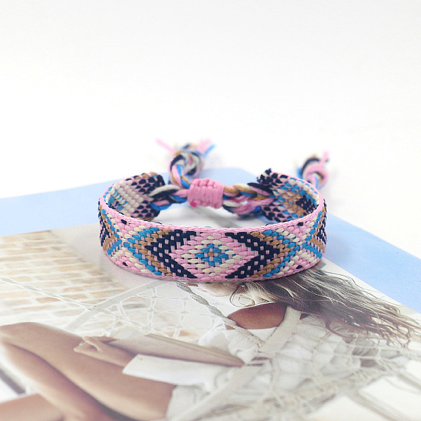 

PandaHall Polyester Braided Rhombus Pattern Cord Bracelet, Ethnic Tribal Adjustable Brazilian Bracelet for Women, Pearl Pink, 5-7/8 inch...