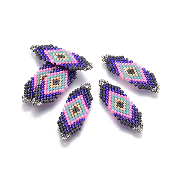 

PandaHall MIYUKI & TOHO Handmade Japanese Seed Beads Links, Loom Pattern, Colorful, 35~36.5x12.5x2mm, Hole: 2x3mm Glass Rhombus
