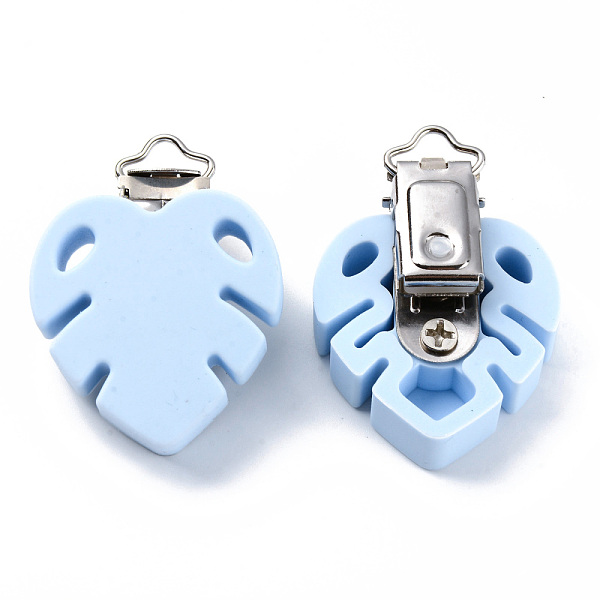 

PandaHall Food Grade Eco-Friendly Silicone Baby Pacifier Clips, with 304 Stainless Steel Clips, Leaf, Stainless Steel Color, Light Sky Blue...