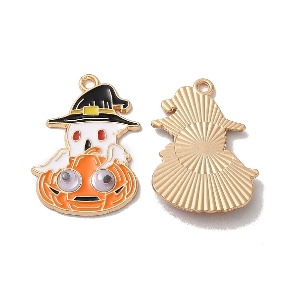 

PandaHall Halloween Alloy Enamel Pendants, with Plastic Eye, Cadmium Free & Nickel Free & Lead Free, Ghost with Pumpkin Charm, Light Gold..., Orange