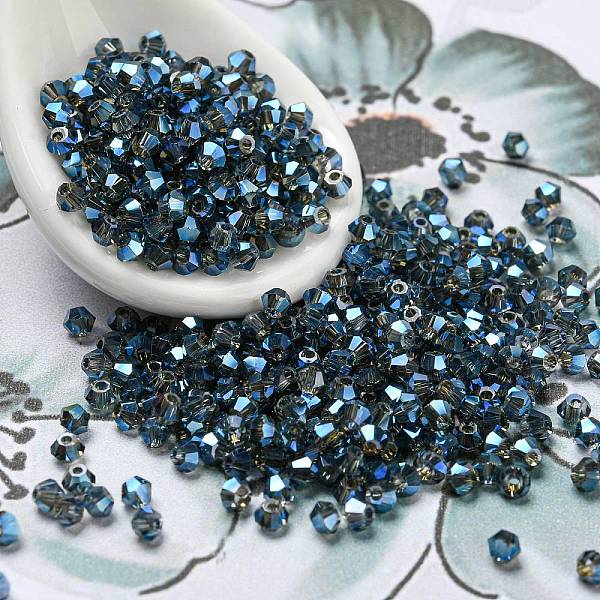 

PandaHall Full Rainbow Plated Transparent Electroplate Glass Beads, Faceted, Bicone, Marine Blue, 2x2mm, Hole: 0.7mm, about 720pcs/bag Glass...