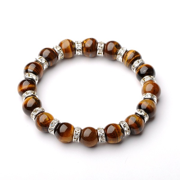 

PandaHall Gemstone Stretch Bracelets, with Silver Color Plated Brass Middle East Rhinestone Beads, Tiger Eye, 54mm Tiger Eye Brown