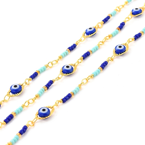 

PandaHall Handmade Brass Link Chains, with Glass Evil Eye & Seed Beads, Long-Lasting Plated, Soldered, with Spool, Rhombus, Golden, Colorful...
