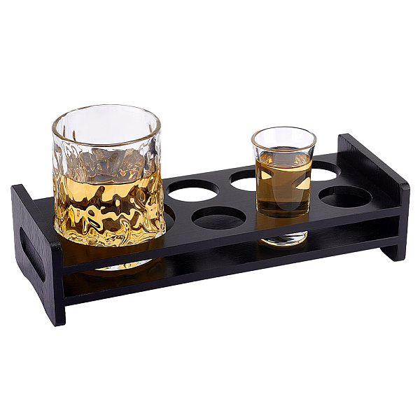 

PandaHall AHANDMAKER 7 Holes Shot Glass Holder Tray, 6 Hole for Shot Glass with 1 Hole for Wine Dispenser, Whiskey Tequila Glass Cup Rack..., Black