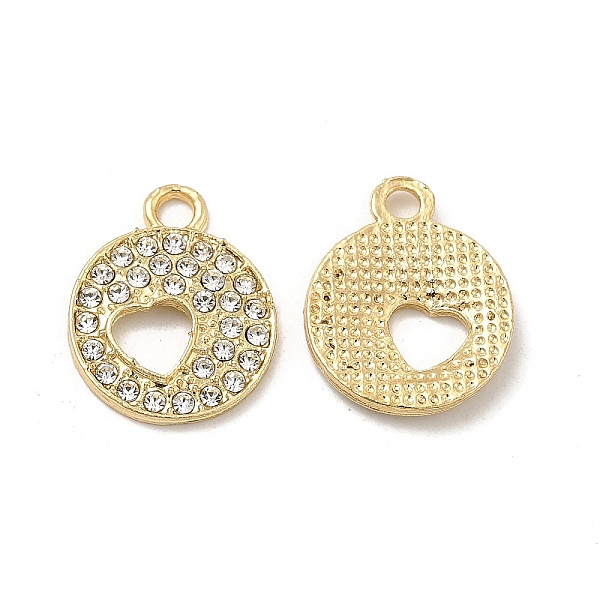 

PandaHall Alloy Crystal Rhinestone Pendants, Flat Round Charms with Hollow Heart, Nickel, Light Gold, 17x14x2mm, Hole: 2mm Alloy+Rhinestone..., Clear