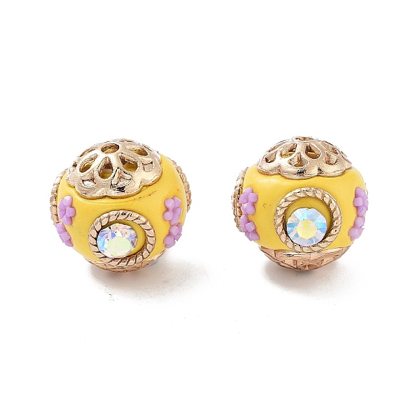 

PandaHall Handmade Indonesia Beads, with Alloy and Resin, Round with Flower, Golden, Plum, 18x16mm, Hole: 1.7mm Polymer Clay Flower Purple