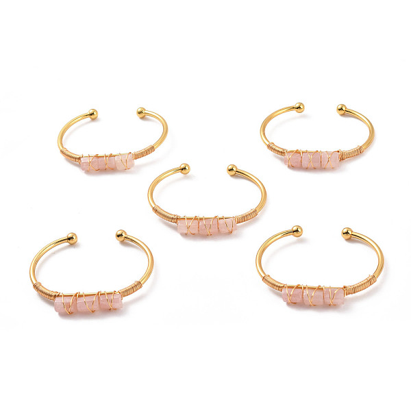 

PandaHall Natural Rose Quartz Triple Column Beaded Open Cuff Bangle, Wire Wrape Brass Jewelry for Women, Golden, Inner Diameter: 2-1/8 inch...