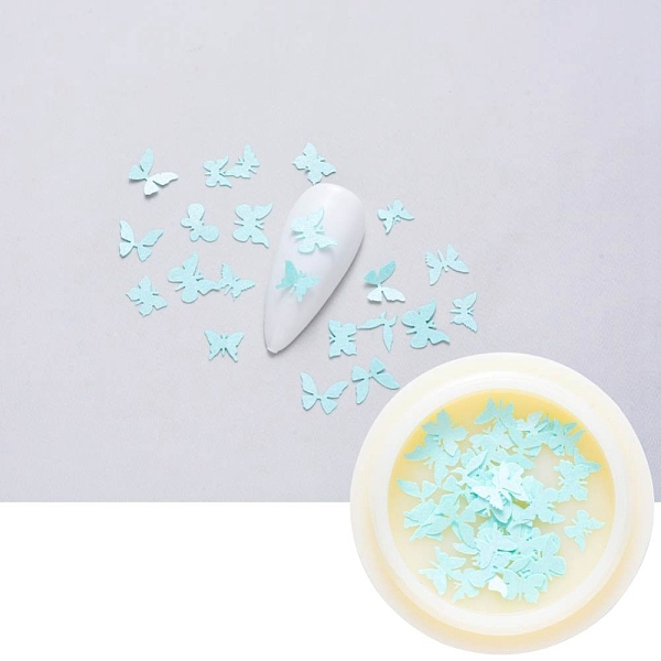 PandaHall Paper Cabochons, Nail Art Decorations, Lifelike Butterfly, Sky Blue, 3~5x4~7x0.1mm, about 50pcs/box Paper Butterfly Blue