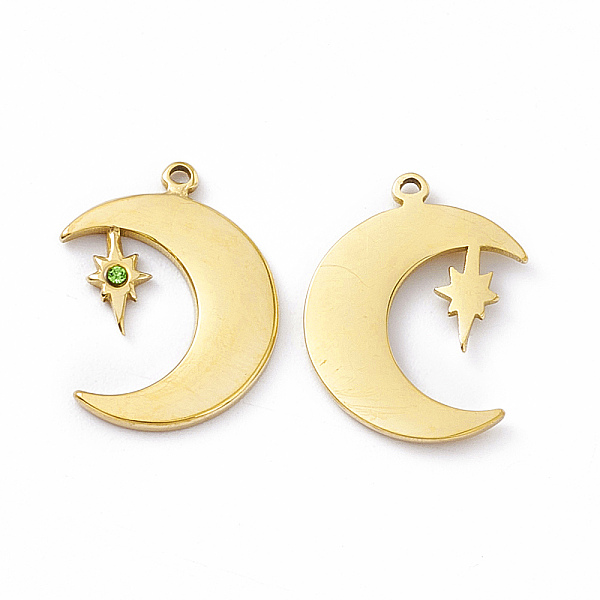 

PandaHall Vacuum Plating 201 Stainless Steel Pendants, with Rhinestone, Real 18K Gold Plated, Moon & Star Charms, Olivine, 18x14.5x1.2mm..., Green
