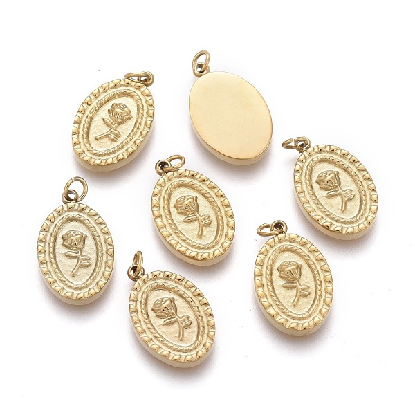 

PandaHall Valentine's Day Ion Plating(IP) 316 Surgical Stainless Steel Charms, with Jump Ring, Oval with Rose, Golden, 13.5x8.5x2mm, Hole...