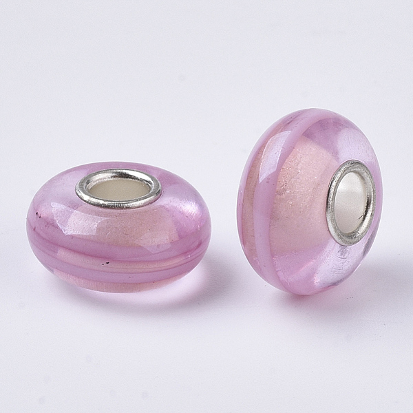 

PandaHall Handmade Lampwork European Beads, Large Hole Beads, with Silver Color Plated Brass Single Cores, Rondelle, Flamingo, 14x7.5mm..., Pink