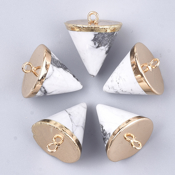 

PandaHall Electroplate Natural Howlite Pendants, with Iron Findings, Cone, Golden, 23~24x20~20.5mm, Hole: 1.6mm Howlite Cone