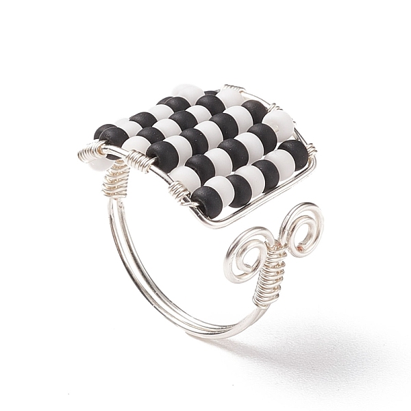 

PandaHall Glass Seed Braided Square Open Cuff Ring, Copper Wire Wrap Jewelry for Women, Black and White, US Size 8(18.1mm) Glass Black