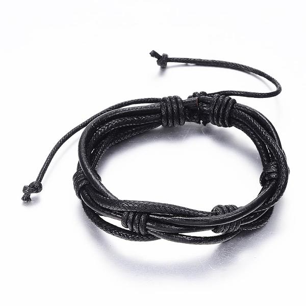 

PandaHall Adjustable Braided Cowhide Leather and Waxed Cord Multi-Strand Bracelets, Black, 2-1/8 inch~3-1/8 inch(55~80mm) Leather Black