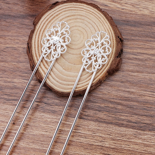 

PandaHall Brass Hair Fork Findings, with Flower Filigree Findings, Silver, 115x12x2mm, Filigree Findings: 20x31.5mm Brass