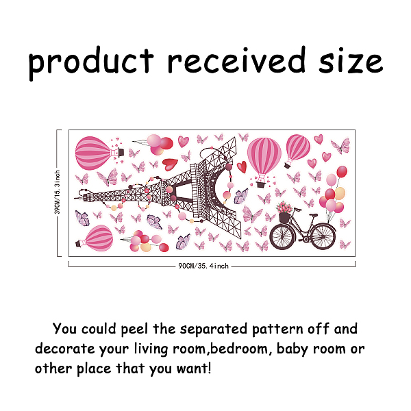 

PandaHall SUPERDANT Pink Eiffel Tower Wall Decals Romance Paris Wall Stickers Waterproof Butterfly Background Balloon Decors Flower Bike...