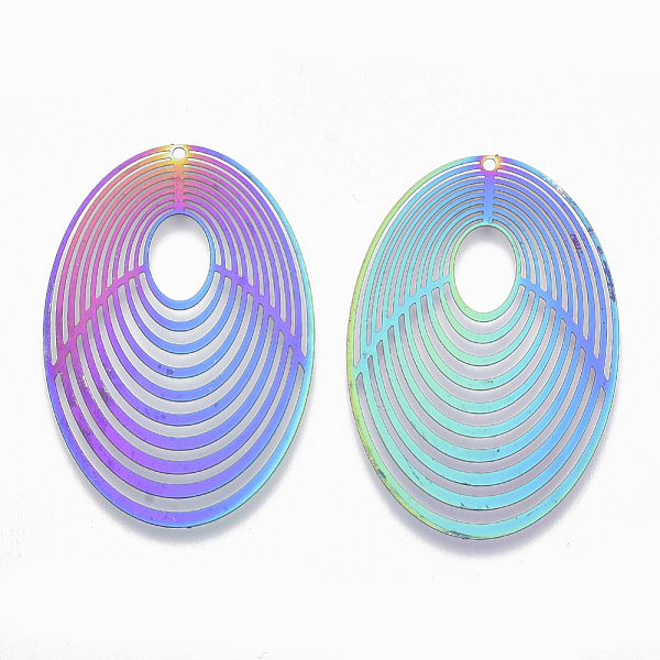 

PandaHall Ion Plating(IP) 201 Stainless Steel Filigree Pendants, Etched Metal Embellishments, Oval, Rainbow Color, 47.5x31.5x0.3mm, Hole...