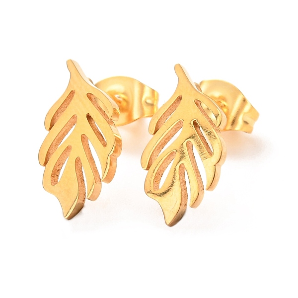 

PandaHall Ion Plating(IP) 304 Stainless Steel Stud Earrings, Leaf, Golden, 14x7mm, Pin: 0.8mm 304 Stainless Steel Leaf