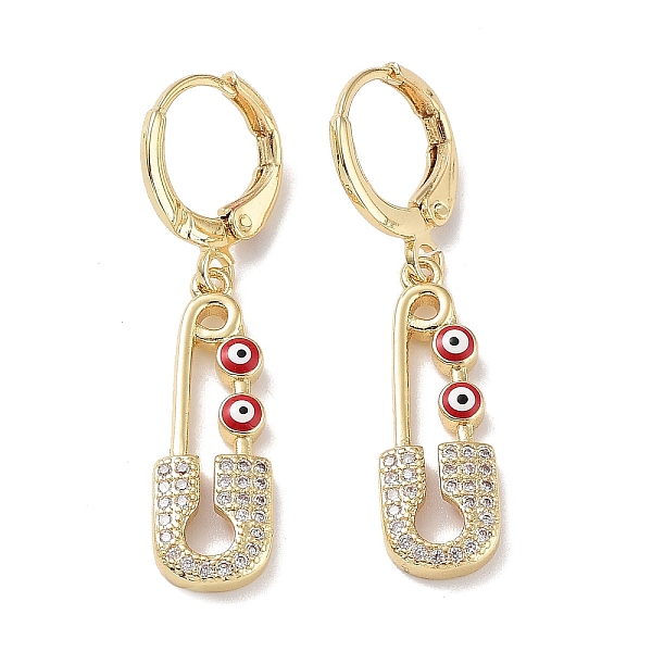 

PandaHall Real 18K Gold Plated Brass Dangle Leverback Earrings, with Enamel and Cubic Zirconia, Safety Pin with Evil Eye, Red, 36.5x8mm...
