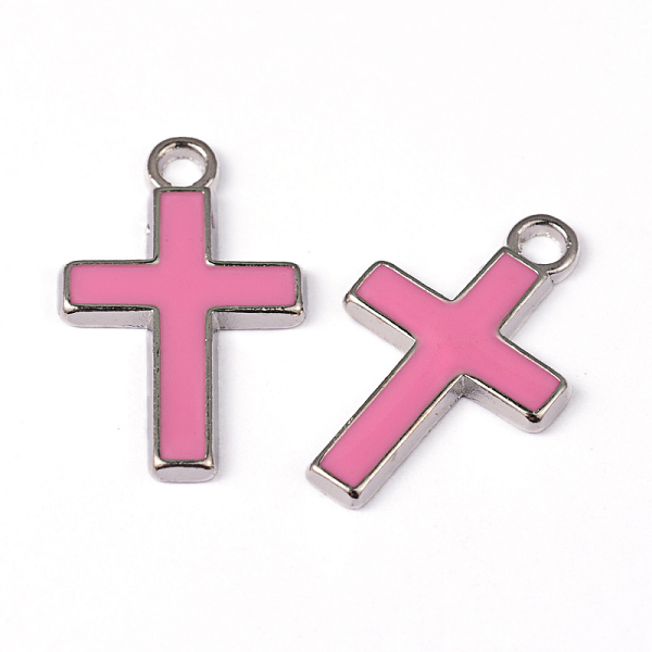 

PandaHall Alloy Enamel Pendants, Lead Free and Cadmium Free, Cross, Platinum Color, Pearl Pink, 26x16x2mm, Hole: 3mm Alloy+Enamel Cross Pink