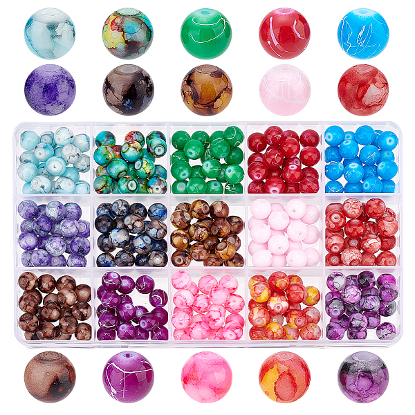

PandaHall PH 300pcs 8mm Glass Beads, 15 Color Baking Painted Drawbench Glass Beads Round Spacer Loose Beads for Spring Mother's Day..., Multicolor