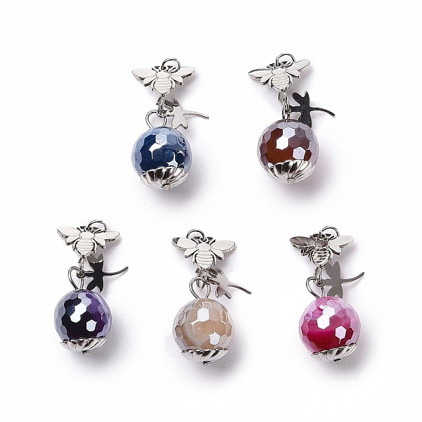 

PandaHall Electroplate Faceted Natural Agate Round Pendants, with 304 Stainless Steel Bee & Dragonfly Charm Findings, Stainless Steel Color..., Multicolor