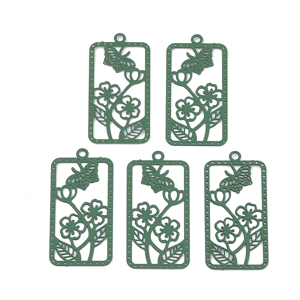 

PandaHall 430 Stainless Steel Filigree Pendants, Spray Painted, Etched Metal Embellishments, Rectangle with Flower, Green, 27x13x0.4mm, Hole...