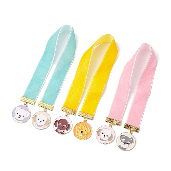 PandaHall Velvet Ribbon Bookmarks, Alloy Enamel Dog Tag Pendant Bookmark, Mixed Color, 314x25x1.5mm, 3pcs/set Alloy+Enamel Flat Round...