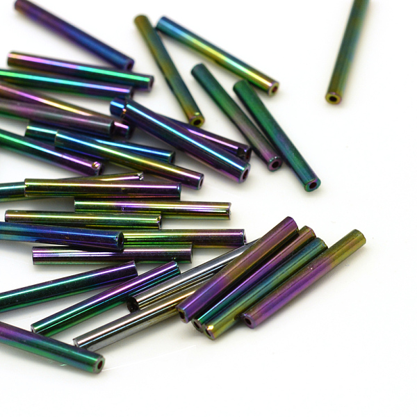 

PandaHall Glass Bugle Beads, Multi-color Plated, 15x2.5mm, Hole: 0.5mm, about 5000pcs/bag Glass