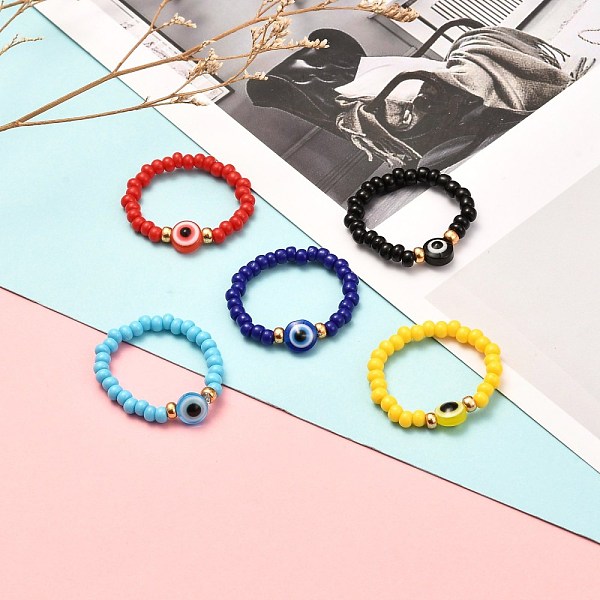 

PandaHall Flat Round with Evil Eye Resin Beads Finger Ring, with Glass Beads, Mixed Color, US Size 8(18.1mm) Resin Evil Eye Multicolor