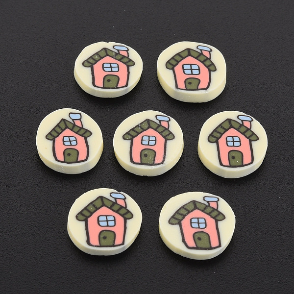 

PandaHall Handmade Polymer Clay Cabochons, Flat Round with House, Lemon Chiffon, 9~10.5x1.5~2mm, about 5000pcs/1000g Polymer Clay Flat Round
