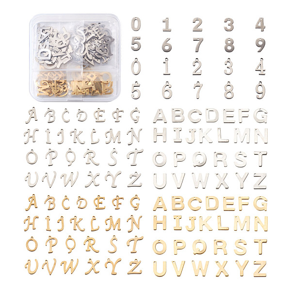 PandaHall Fashewelry 304 Stainless Steel Charms, Alphabet and Number, Golden & Stainless Steel Color, 11x6~12x0.8mm, Hole: 1mm, 6sets/box...