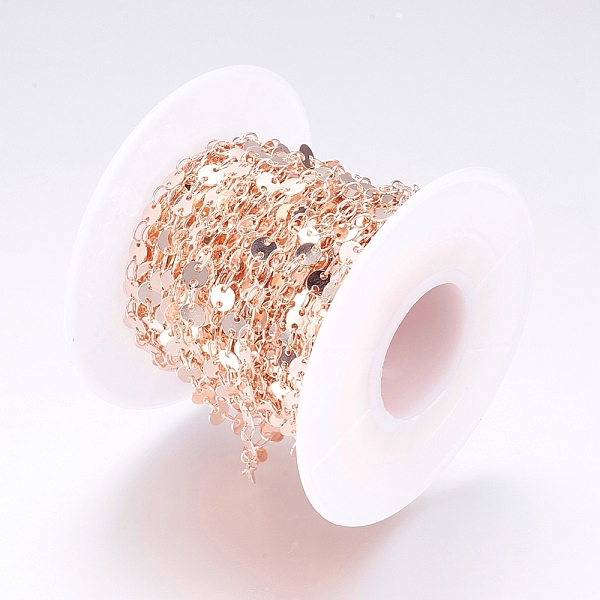 

PandaHall Rack Plating Brass Handmade Flat Sequin Chains, Unwelded, with Spool, Flat Round Link Chains, Rose Gold, 4x0.3mm, about 32.8 Feet...