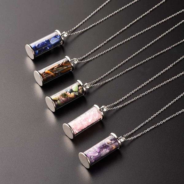 

PandaHall Alloy & Glass Wish Bottle with Natural Mixed Chip Gemstone Pendant Necklaces, with 304 Stainless Steel Cable Chain, Column, 17.72...