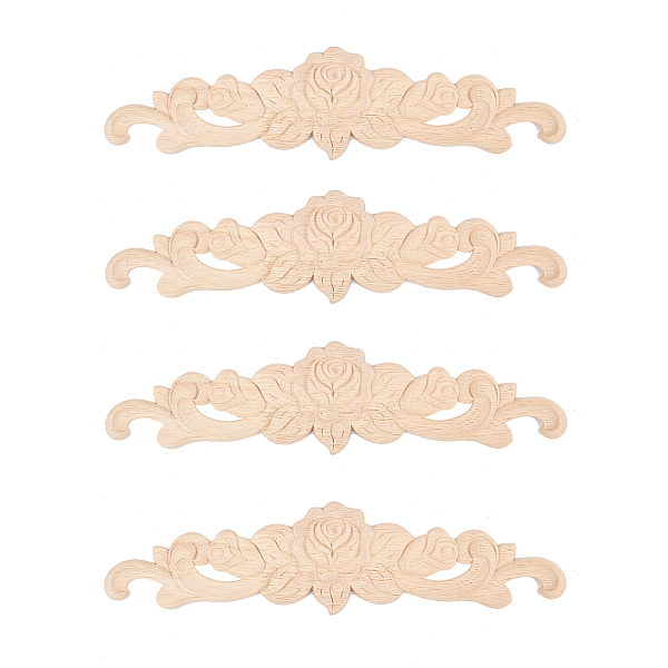 PandaHall SUPERFINDINGS 4pcs Rubber Wood Carved Onlay Applique Unpainted Center Flower Long Applique European Style for Door Cabinet Bed...