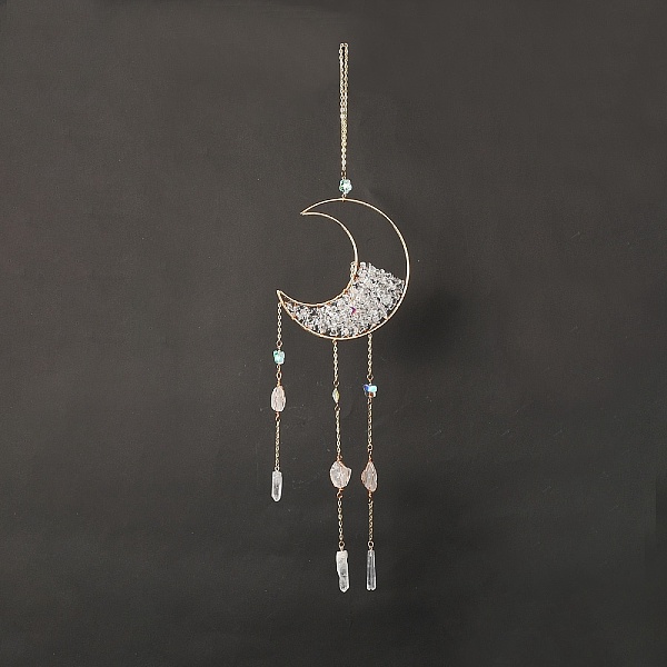 

PandaHall Natural Quartz Crystal Chips Moon Wind Chime, Hanging Suncatchers, with Iron Findings and Glass Butterfly a Cone for Home Garden...