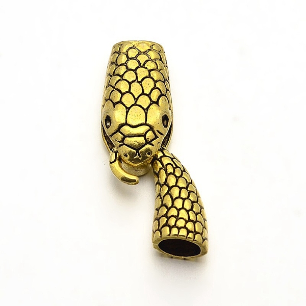 

PandaHall Tibetan Style Alloy Hook and Snake Head Clasps, Cadmium Free & Lead Free, Antique Golden, Clasps: 23x12x8.5mm, Hole: 8x3mm, S-Hook...