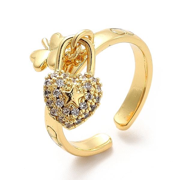 

PandaHall Clear Cubic Zirconia Clover with Star Padlock Charm Open Cuff Ring, Brass Jewelry for Women, Real 18K Gold Plated, US Size 6 1/2...