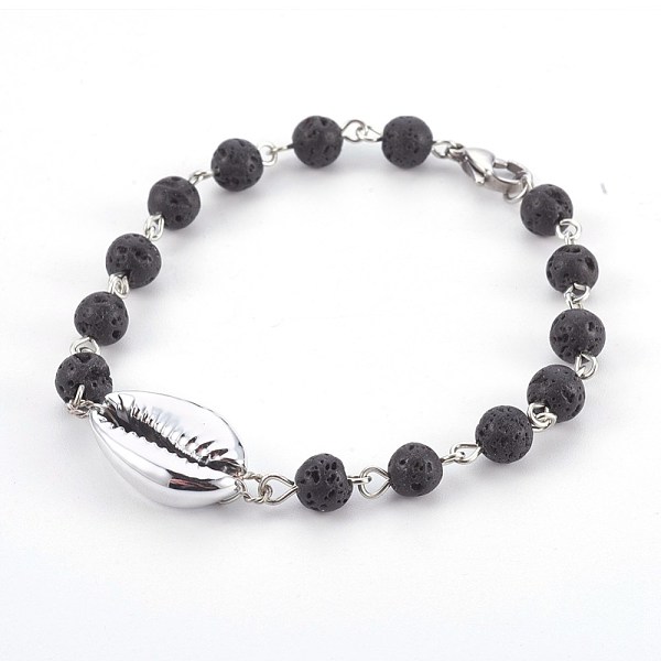 

PandaHall Natural Lava Rock Beads Bracelets, with Electroplated Shell Beads, Cowrie Shells, 8-1/8 inch(20.5cm) Lava Rock