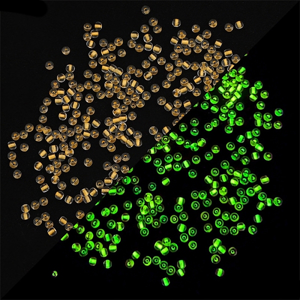 

PandaHall Glow in the Dark Luminous Transparent Glass Round Seed Beads, Inside Colours, Rondelle, Gold, 2mm, about 660pcs/bag Glass Gold