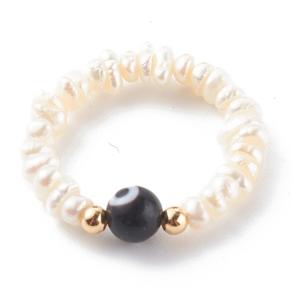 

PandaHall Natural Cultured Freshwater Pearl Beaded Stretch Rings, with Handmade Evil Eye Lampwork Round Beads and Real 18K Gold Plated Brass..., Black