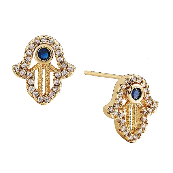 

PandaHall Hamsa Hand Cubic Zirconia Stud Earrings, Brass Earrings for Women, Golden, 13x12mm, Pin: 0.7mm Cubic Zirconia Palm Blue